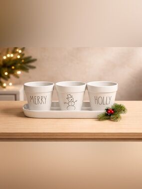 Rae Dunn Holiday Merry, Holly & Snow Man Flower Pots & Tray Gift Set 4 Pieces